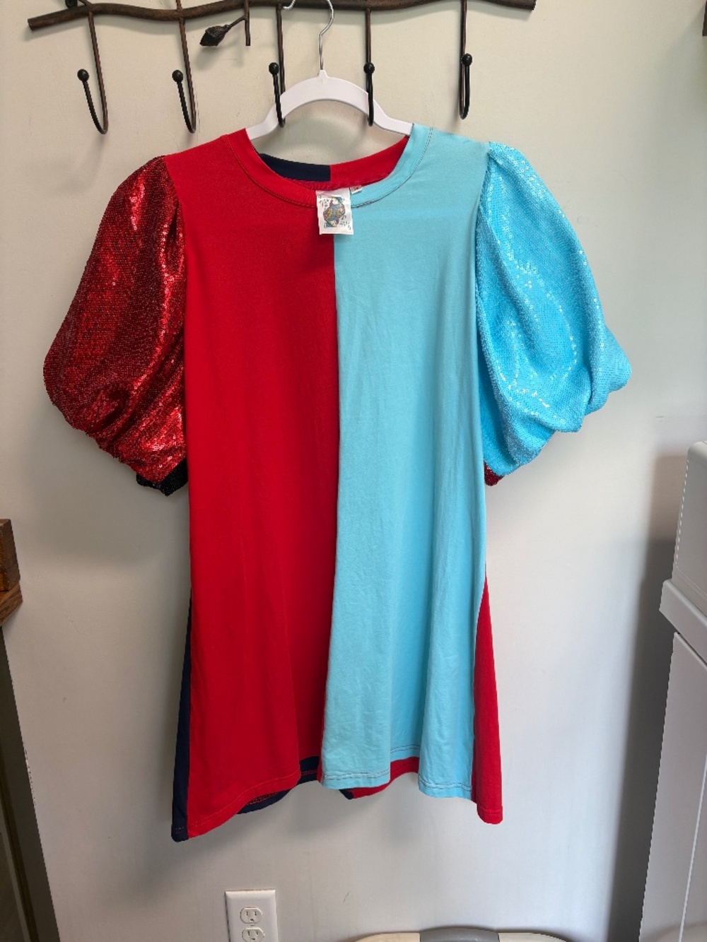 QUEEN OF SPARKLES Navy, Light Blue, and Red Colorblock Sequin Sleeve Dress